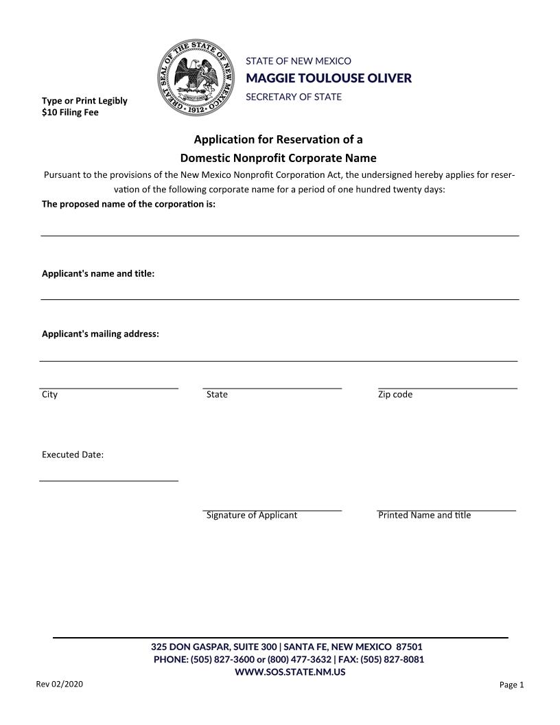Application For Reservation Of Nonprofit Corp Name | Pdf Fpdf Docx | New Mexico