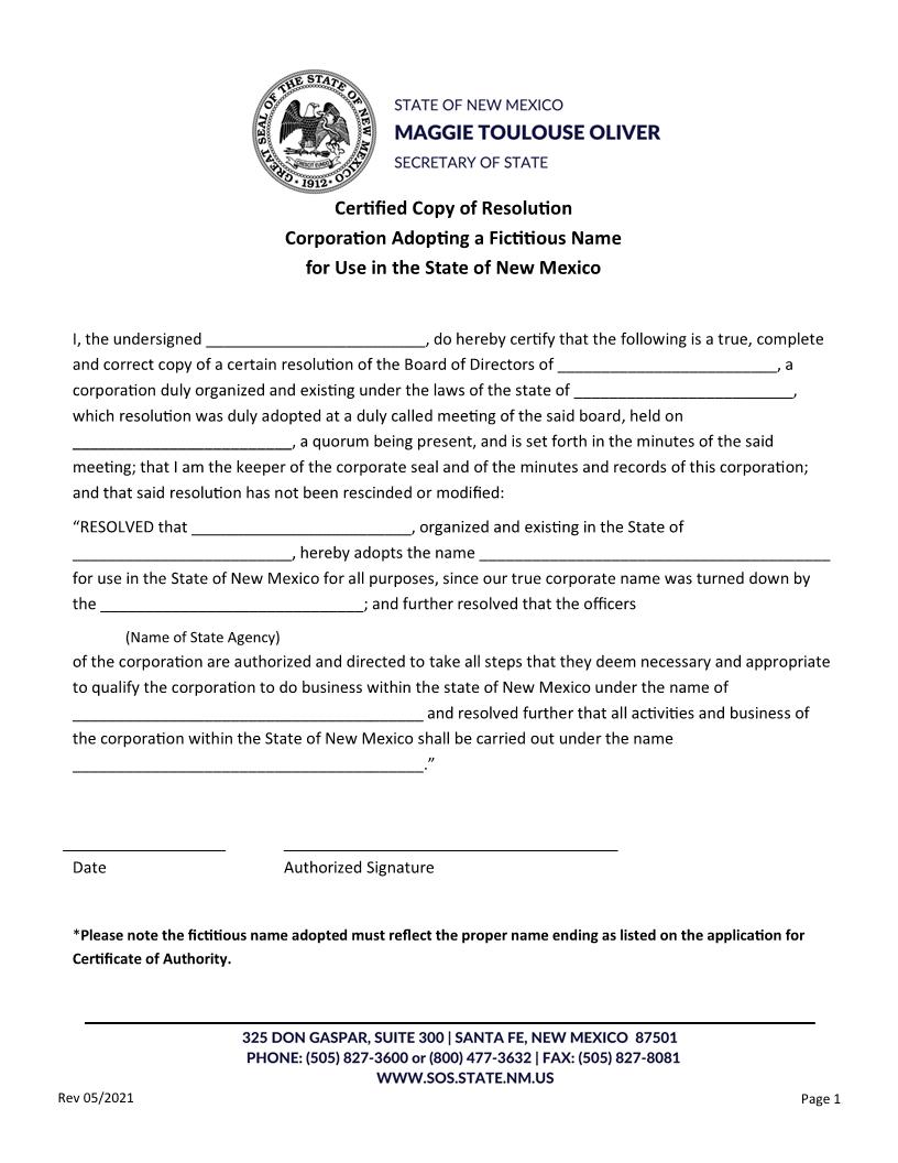 Corporate Resolution Adopting FBN | Pdf Fpdf Docx | New Mexico