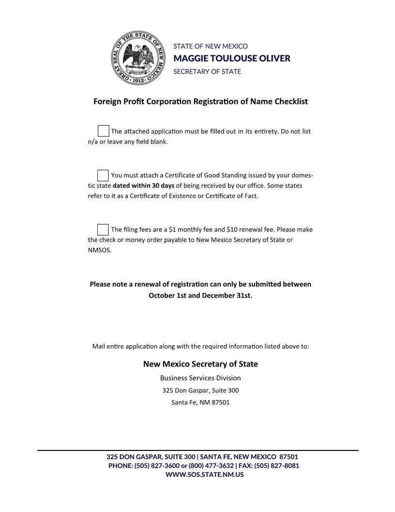 Registration Of Corporate Name Foreign Profit Corp | Pdf Fpdf Docx | New Mexico