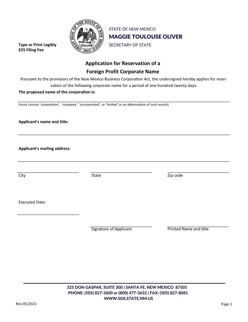Reservation Of Corporate Name Foreign Profit Corp | Pdf Fpdf Docx | New Mexico