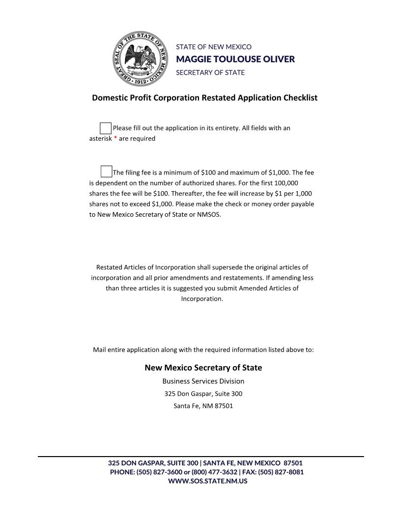 Restated Articles Of Incorporation Domestic Profit Corp | Pdf Fpdf Docx | New Mexico