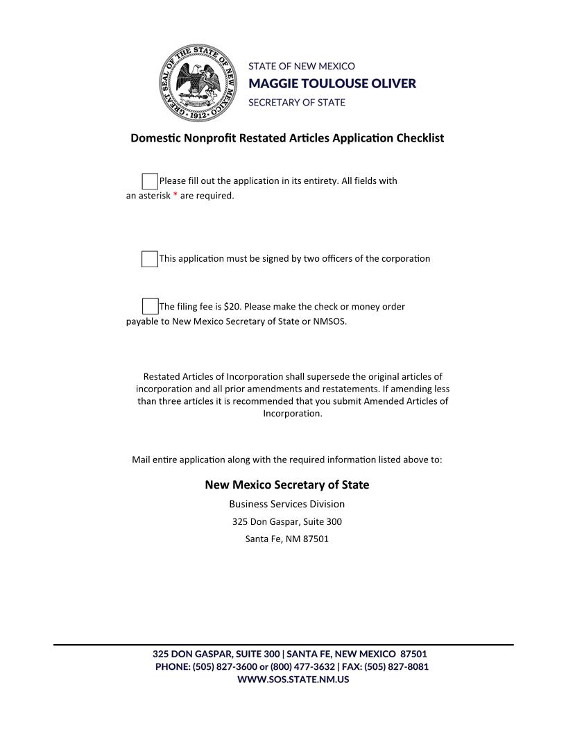 Restated Articles Of Incorporation Nonprofit | Pdf Fpdf Docx | New Mexico