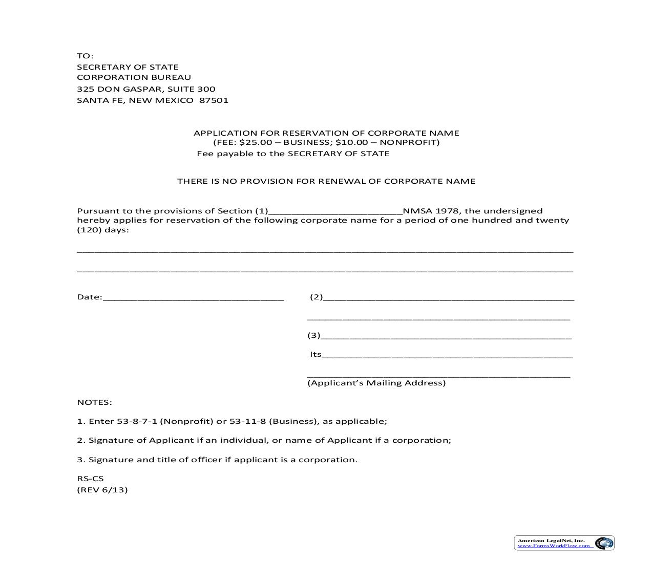 Application For Reservation Of Corporate Name (Profit Or Nonprofit Corp) {RS-CS} |  | New Mexico