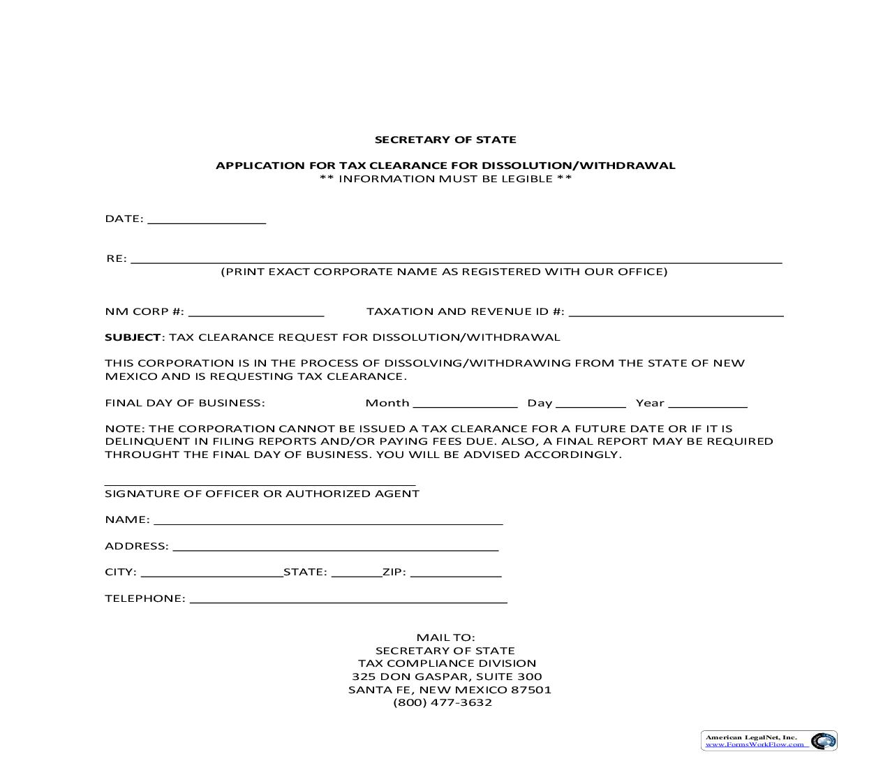 Application For Tax Clearance For Dissolution-Withdrawal |  | New Mexico