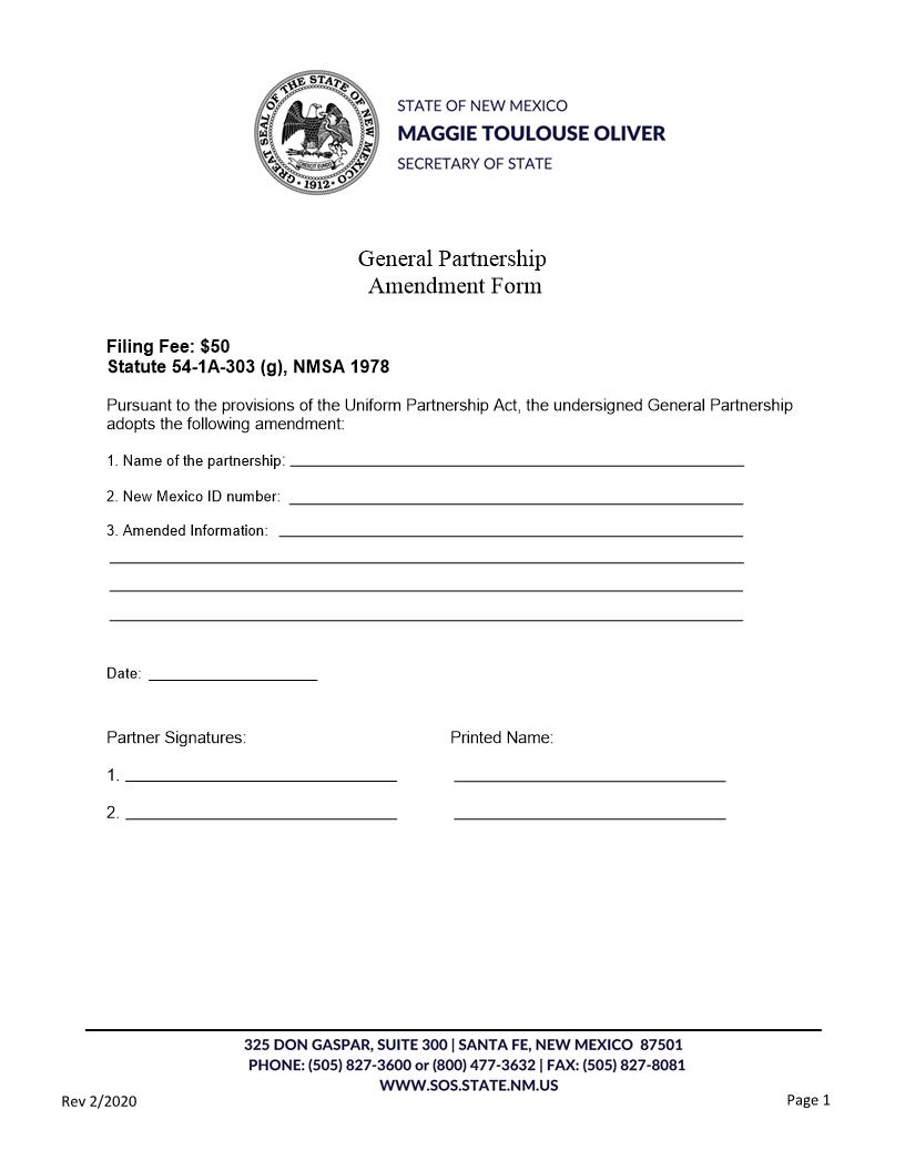 General Partnership Amendment | Pdf Fpdf Docx | New Mexico