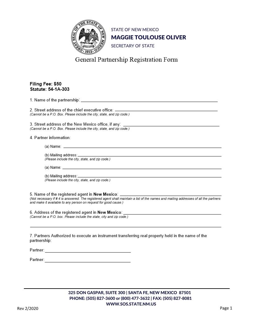General Partnership Registration | Pdf Fpdf Docx | New Mexico