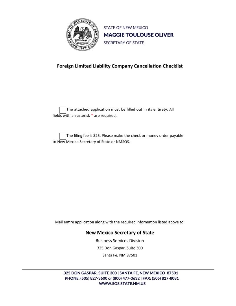 Application For Cancellation Of Registration Of Foreign LLC | Pdf Fpdf Docx | New Mexico