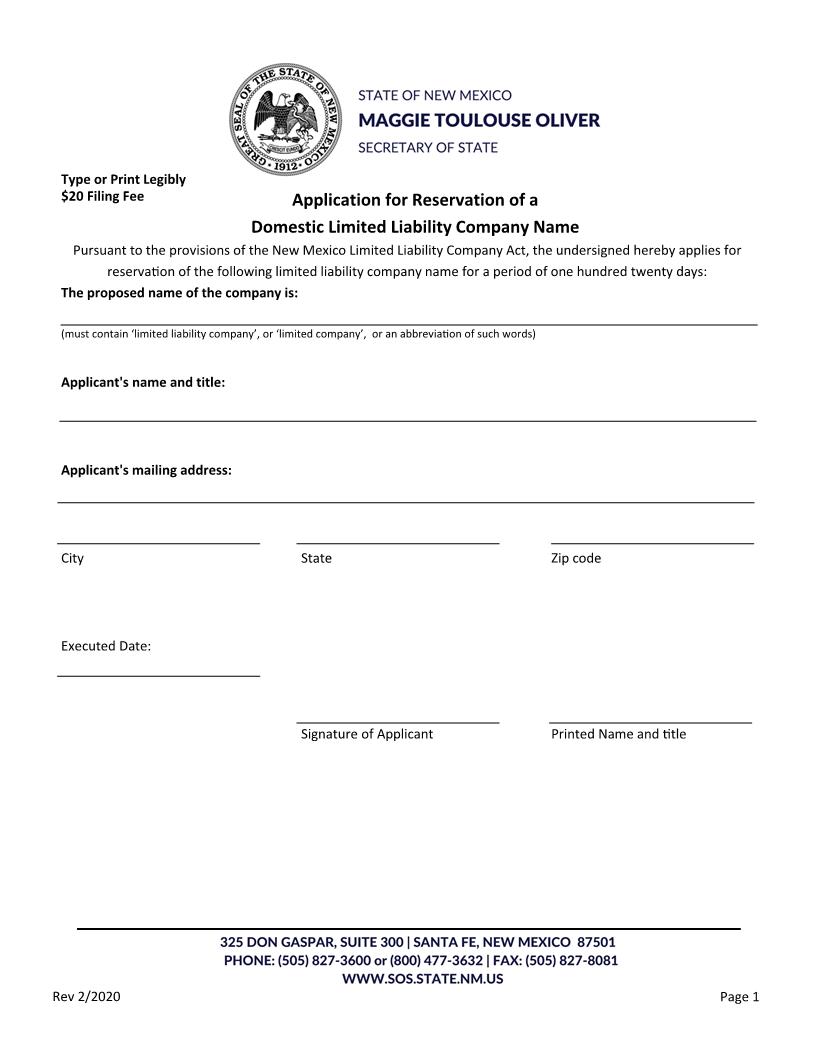 LLC Name Reservation | Pdf Fpdf Docx | New Mexico