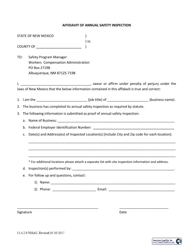 Affidavit Of Safety Inspection | Pdf Fpdf Docx | New Mexico