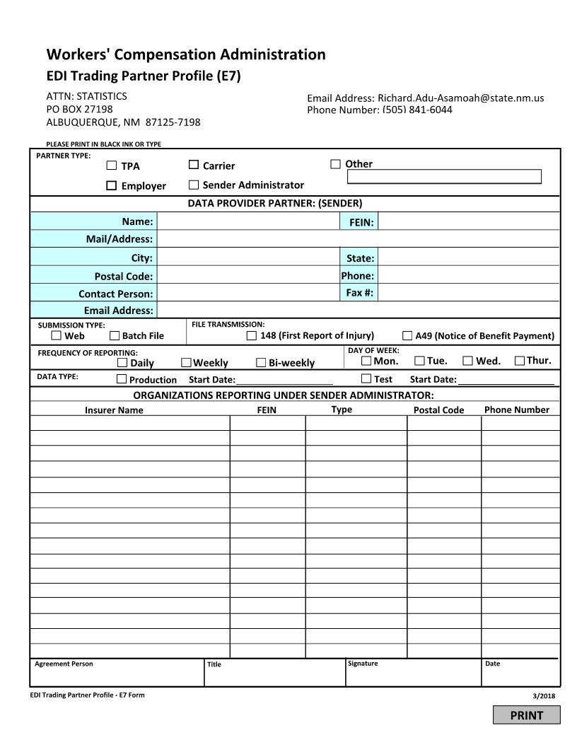 EDI Trading Partner Profile  (For FROI And SROI) {E7} | Pdf Fpdf Doc Docx | New Mexico