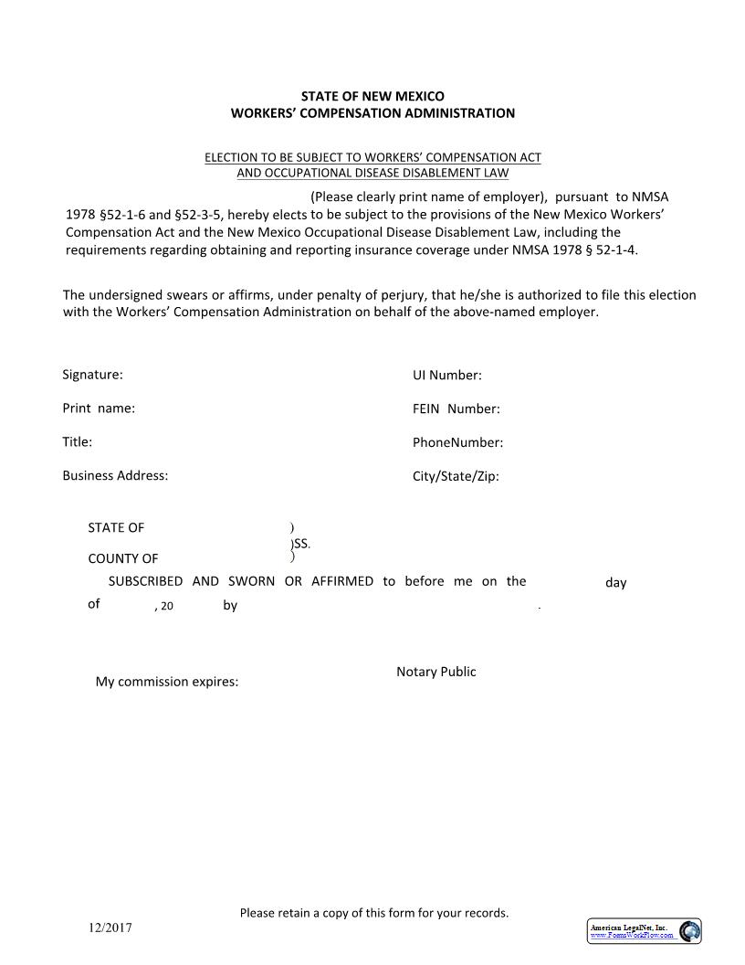 Election To Be Subject To WC Act | Pdf Fpdf Docx | New Mexico