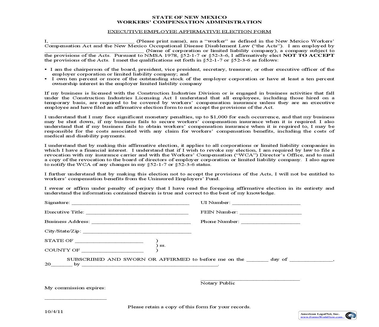 Executive Employee Affirmative Election | Pdf Fpdf Doc Docx | New Mexico