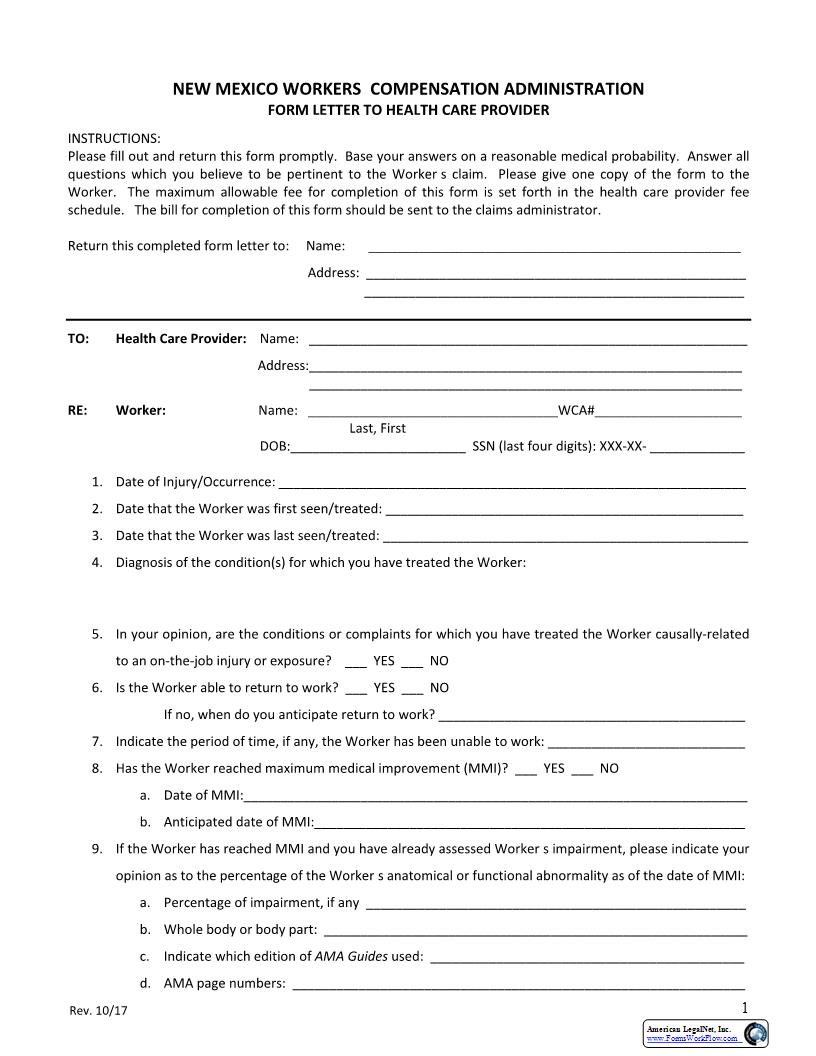 Form Letter To Health Care Provider | Pdf Fpdf Docx | New Mexico