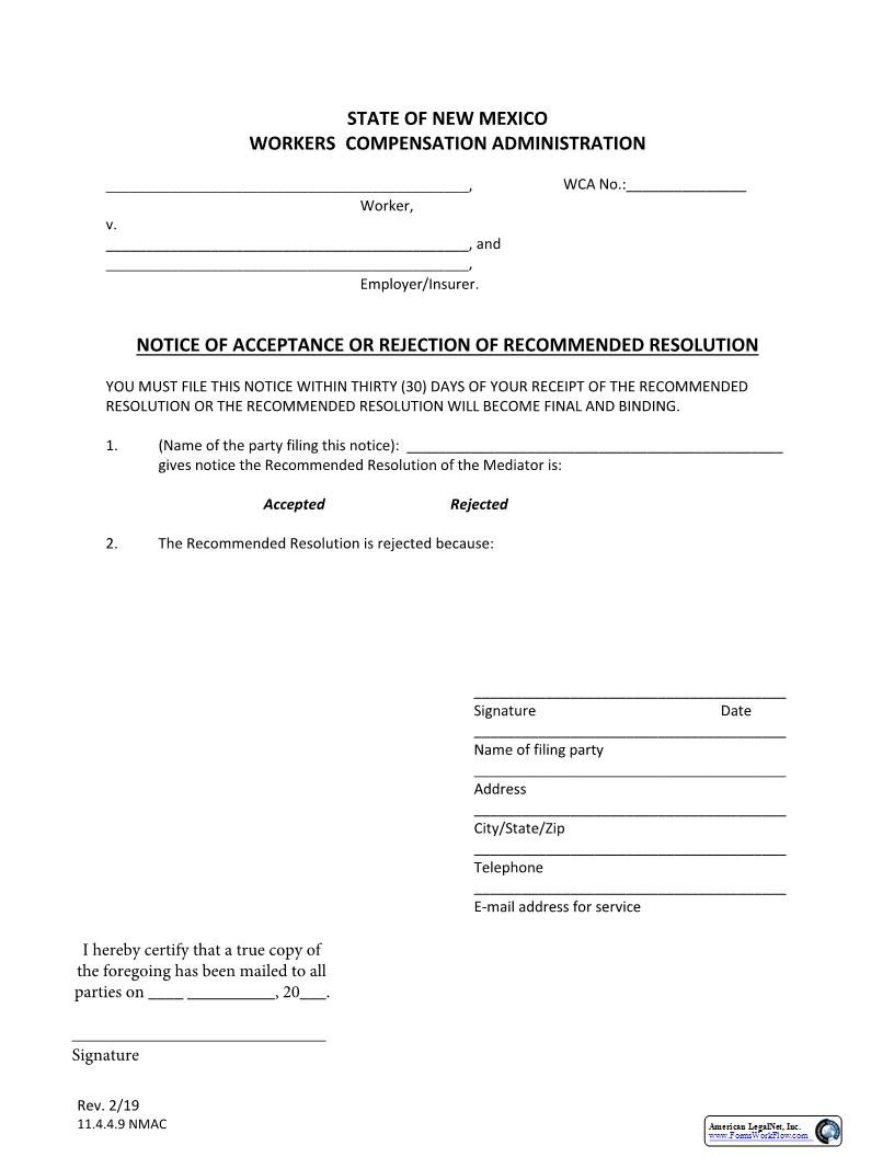 Notice Of Acceptance Or Rejection Of Recommended Resolution | Pdf Fpdf Docx | New Mexico