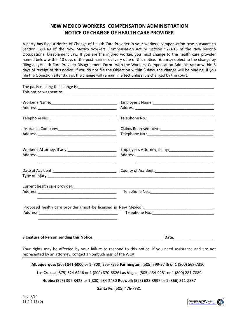 Notice Of Change Of Health Care Provider | Pdf Fpdf Docx | New Mexico
