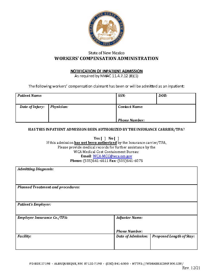 Notification Of Inpatient Admission | Pdf Fpdf Docx | New Mexico