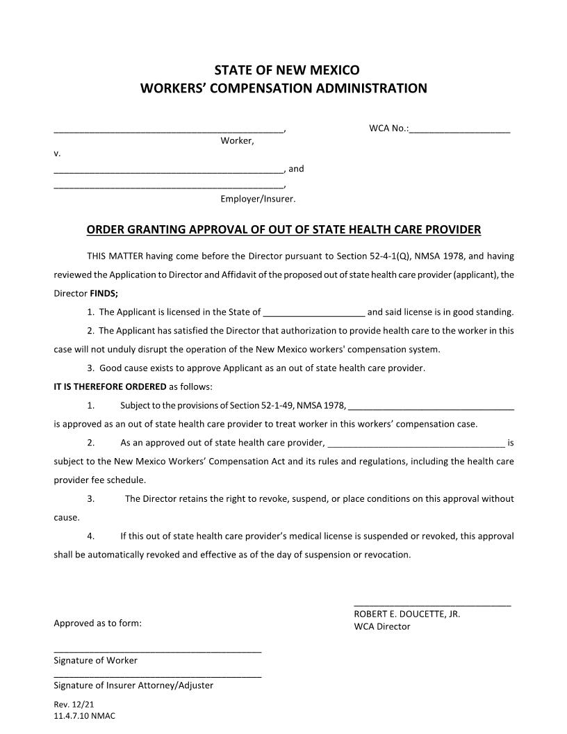 Order Granting Approval Of Out Of State Provider | Pdf Fpdf Docx | New Mexico