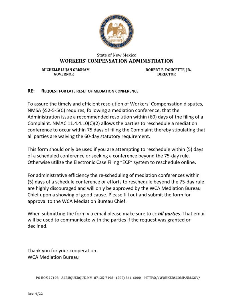 Request For Late Reset Of Mediation Conference | Pdf Fpdf Docx | New Mexico