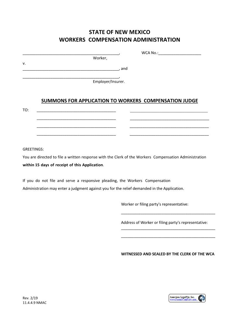 Summons For Application To Workers Compensation Judge | Pdf Fpdf Docx | New Mexico