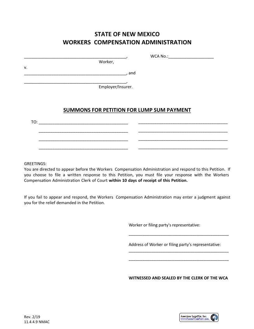 Summons For Petition For Lump Sum Payment | Pdf Fpdf Docx | New Mexico