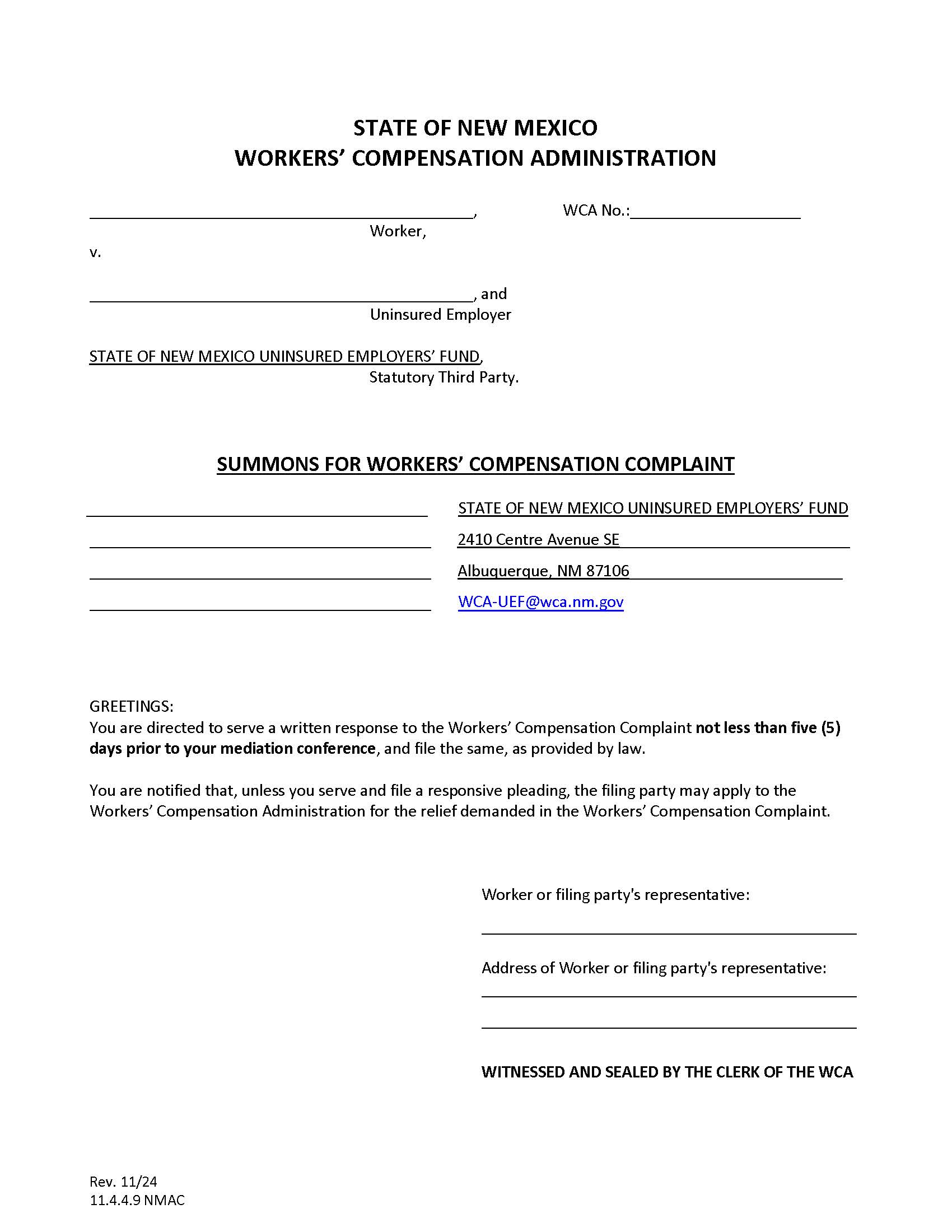 Summons For Workers Compensation Complaint - UEF | Pdf Fpdf Docx | New Mexico