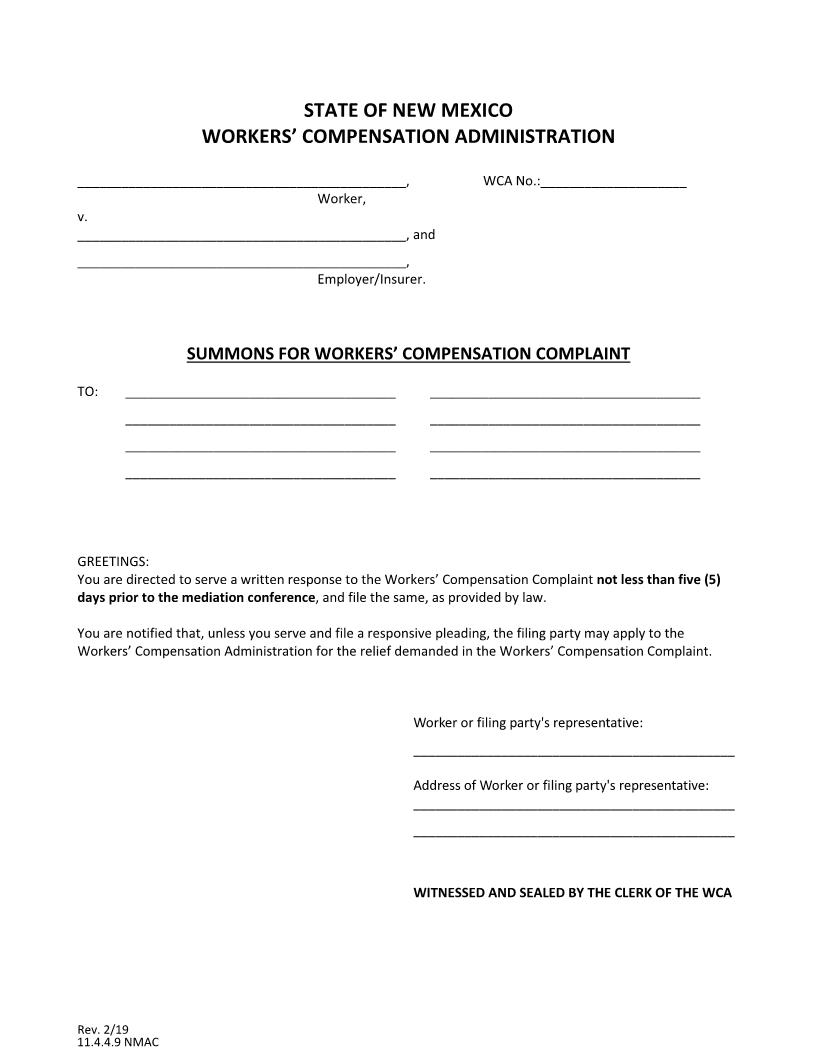 Summons For Workers Compensation Complaint | Pdf Fpdf Docx | New Mexico