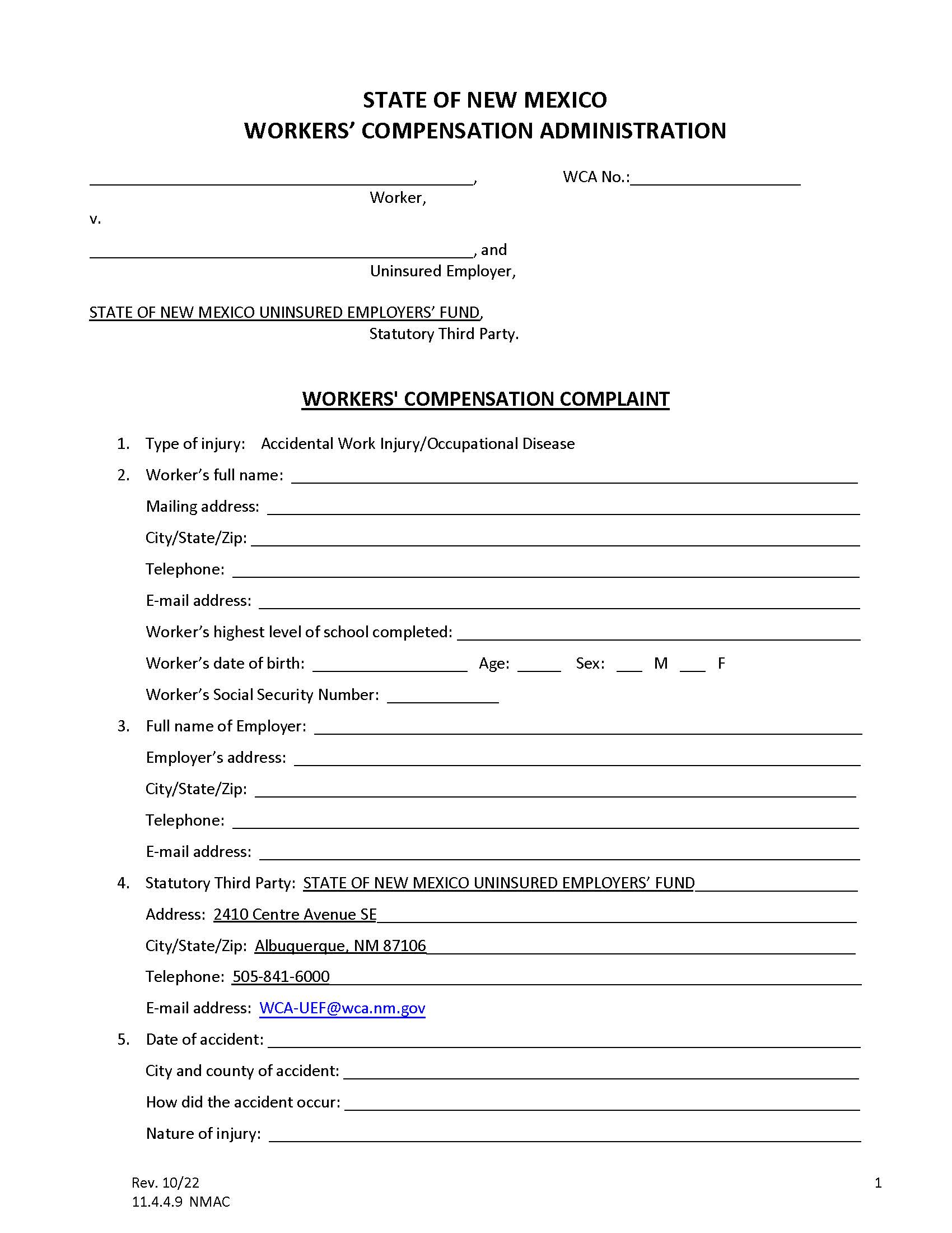 Uninsured Employers Fund Complaint | Pdf Fpdf Docx | New Mexico