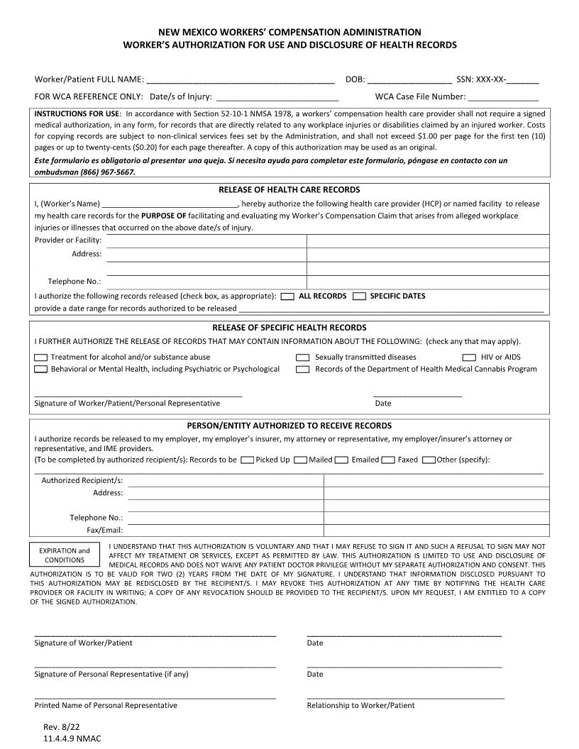Workers Authorization For Use And Disclosure Of Health Records | Pdf Fpdf Docx | New Mexico