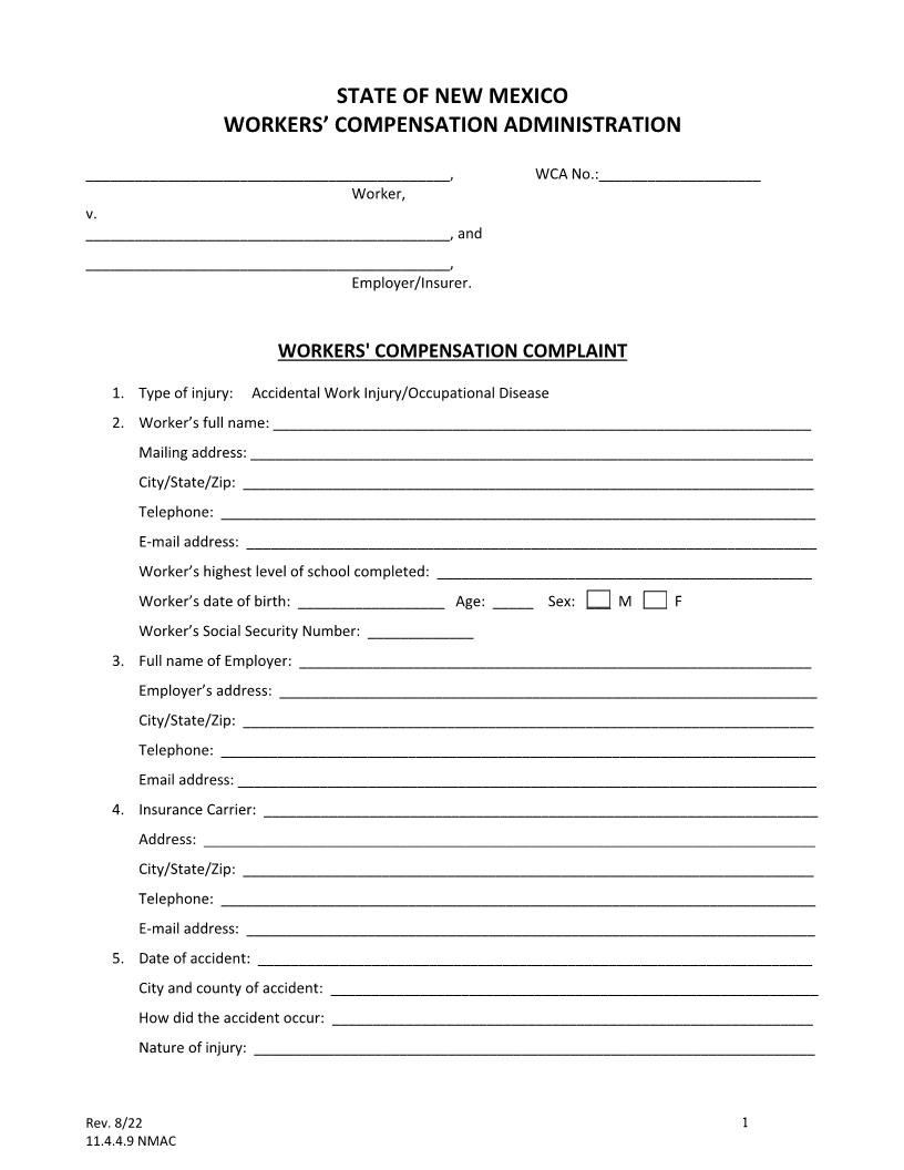 Workers Compensation Complaint | Pdf Fpdf Docx | New Mexico