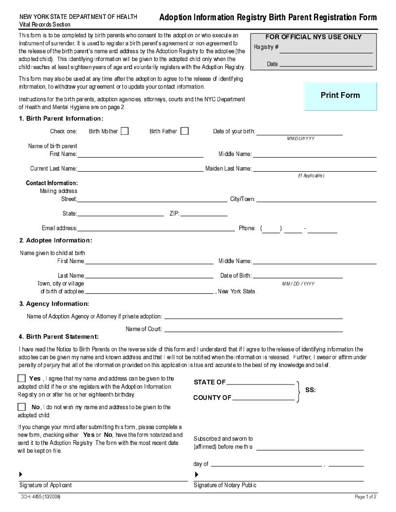 Adoption Information Registry Birth Parent Registration Form {DOH-4455} | Pdf Fpdf Docx | New York
