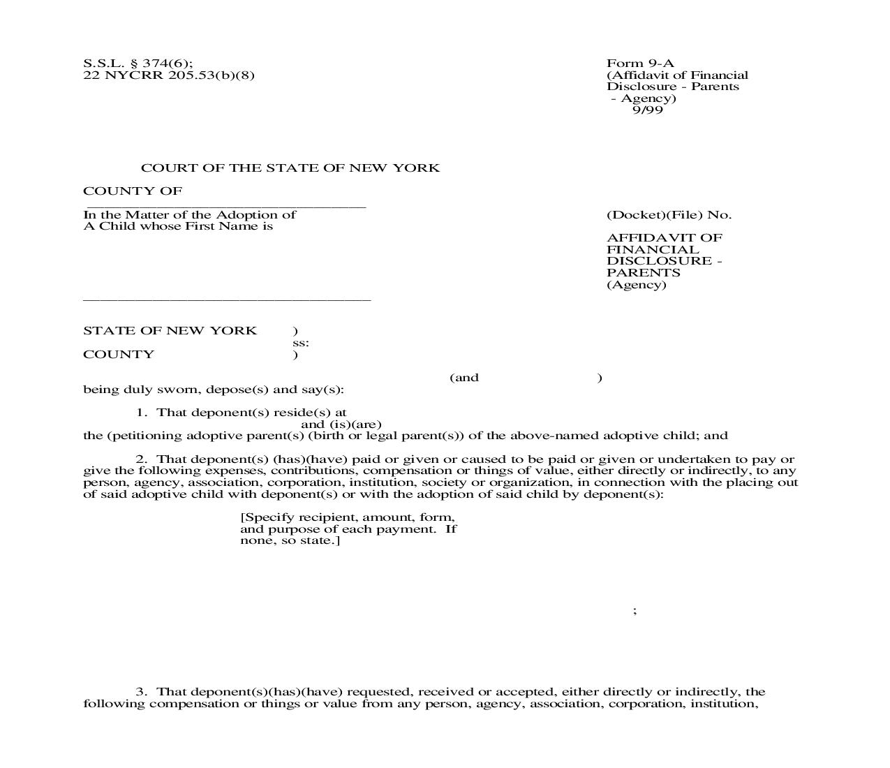 Affidavit Of Financial Disclosure Parents (Agency) {9-A} | Pdf Fpdf Doc Docx | New York
