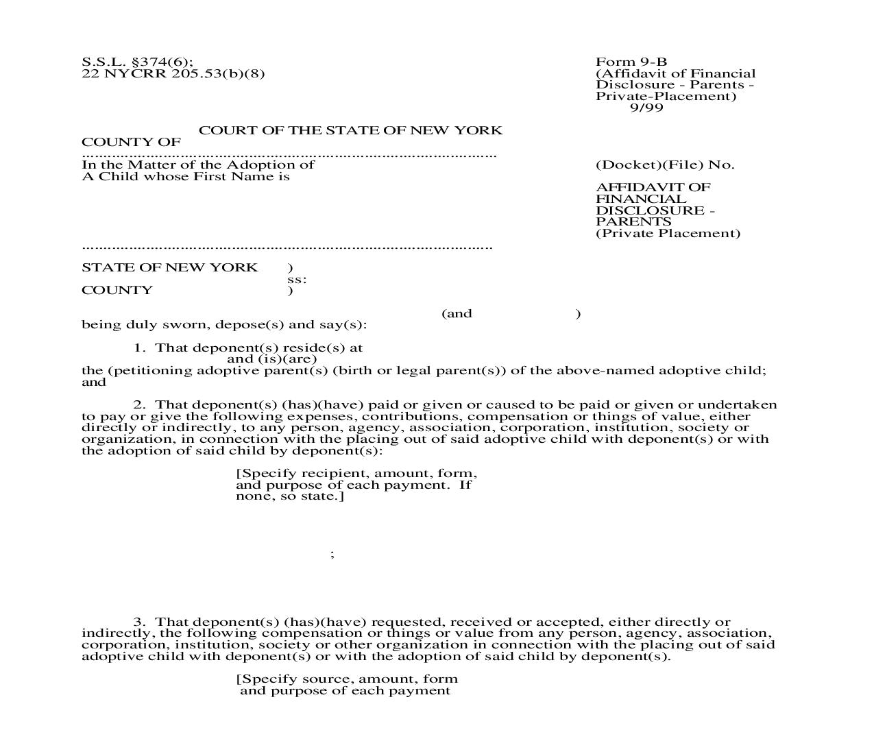 Affidavit Of Financial Disclosure Parents (Private Placement) {9-B} | Pdf Fpdf Doc Docx | New York