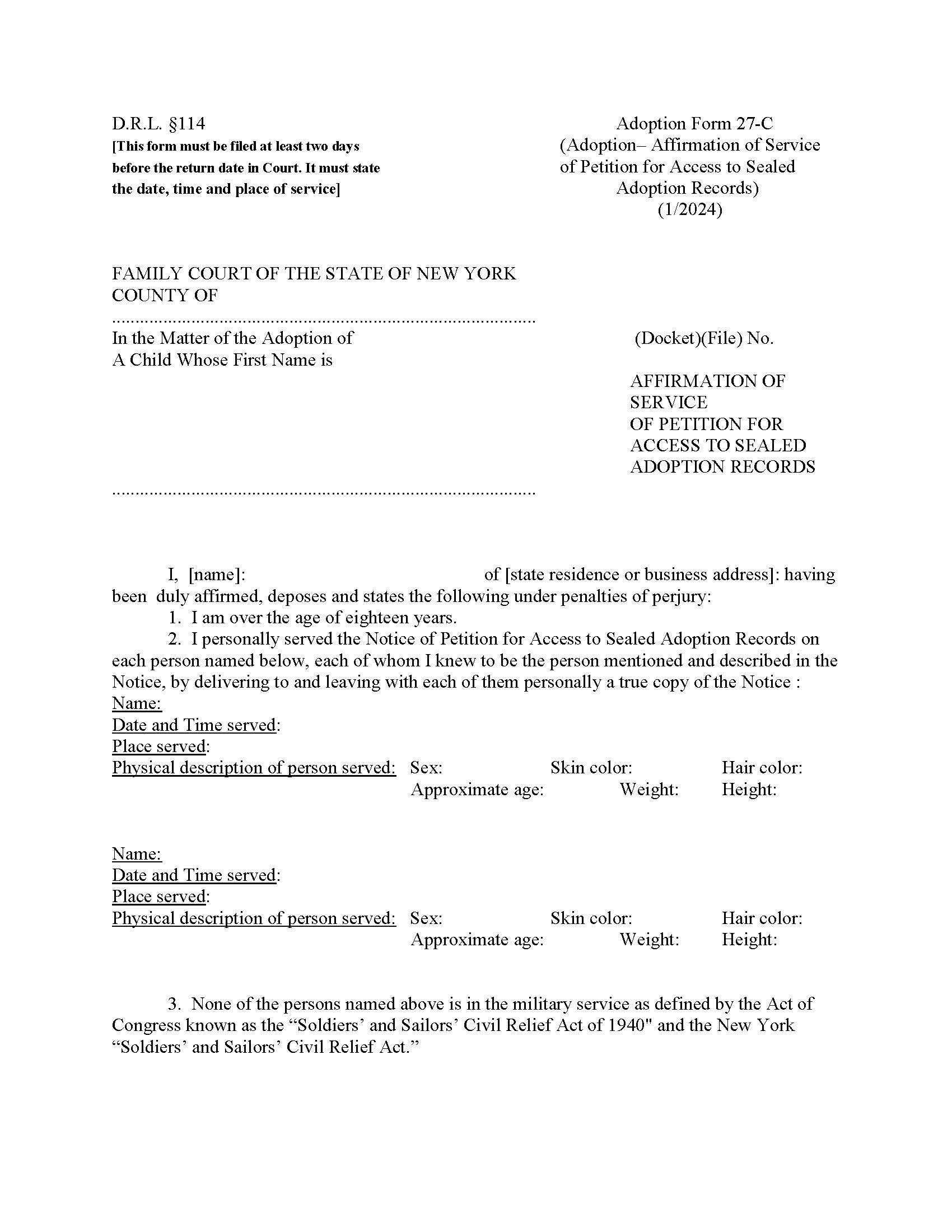 Affidavit Of Service For Petition For Access To Sealed Adoption Records {27-C} | Pdf Fpdf Doc Docx | New York