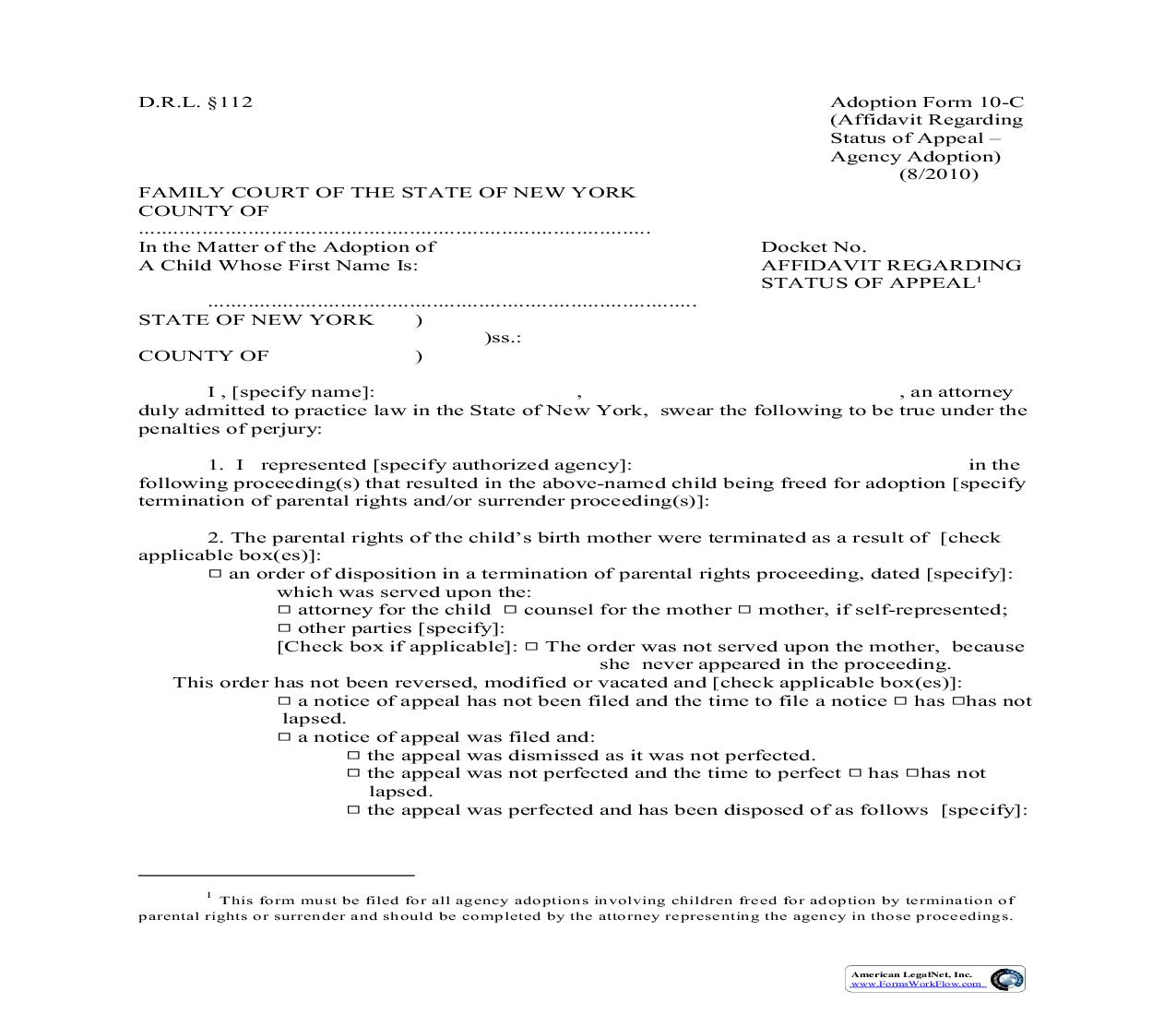 Affidavit Regarding Status Of Appeal (Agency) {10-C} | Pdf Fpdf Doc Docx | New York