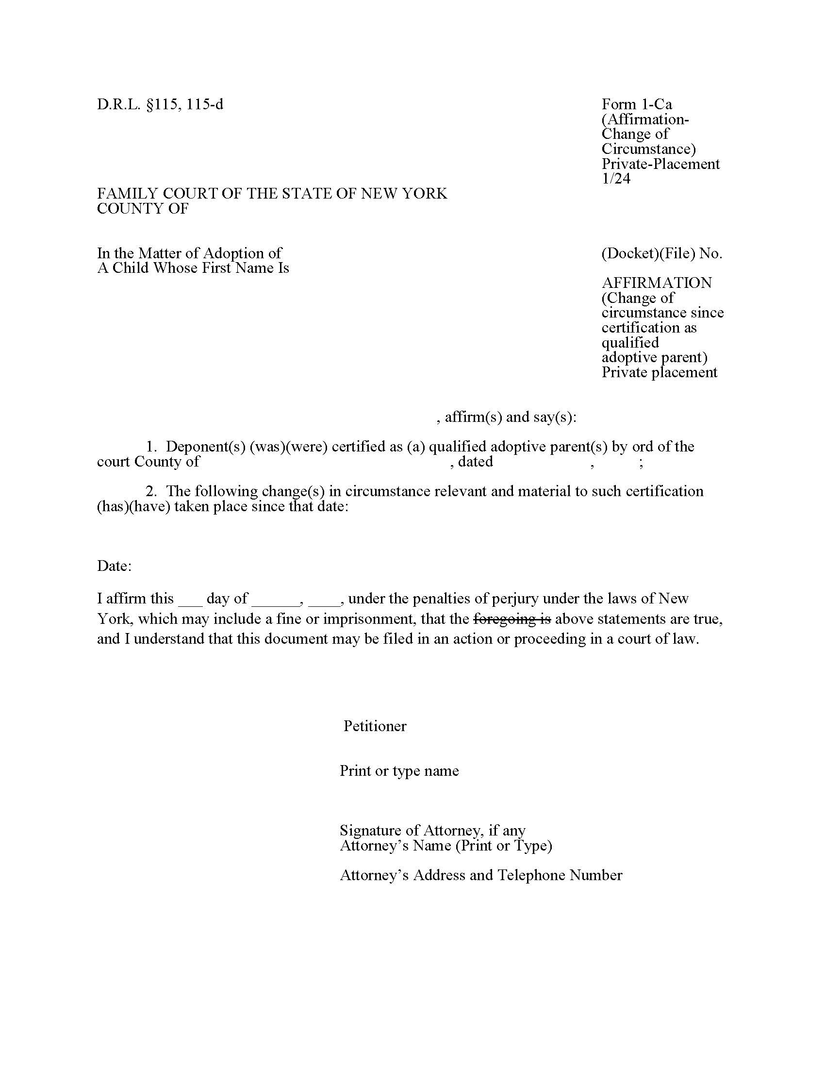 Affirmation (Change Of Circumstance Since Certification As Qualified Adoptive Parent) (Private Placement) {1-Ca} | Pdf Fpdf Docx | New York