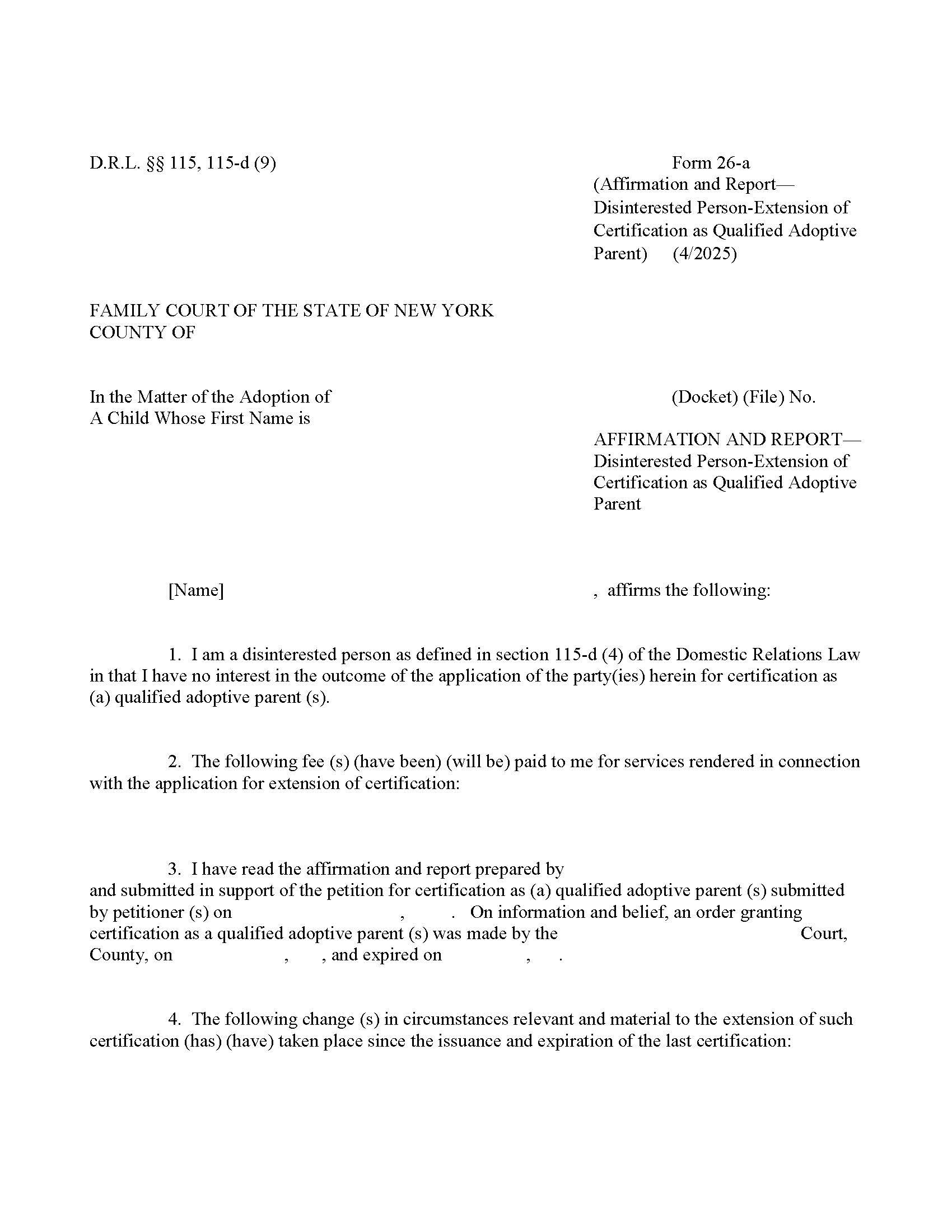 Affirmation And Report Disinterested Person Extension Of Expired Certification {26-a} | Pdf Fpdf Doc Docx | New York