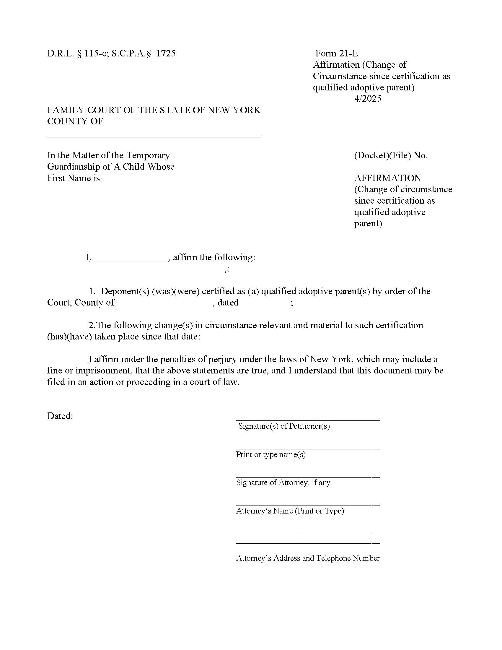 Affirmation Change Of Circumstances Since Certification As Qualified Adoptive Parent {21-E} | Pdf Fpdf Doc Docx | New York