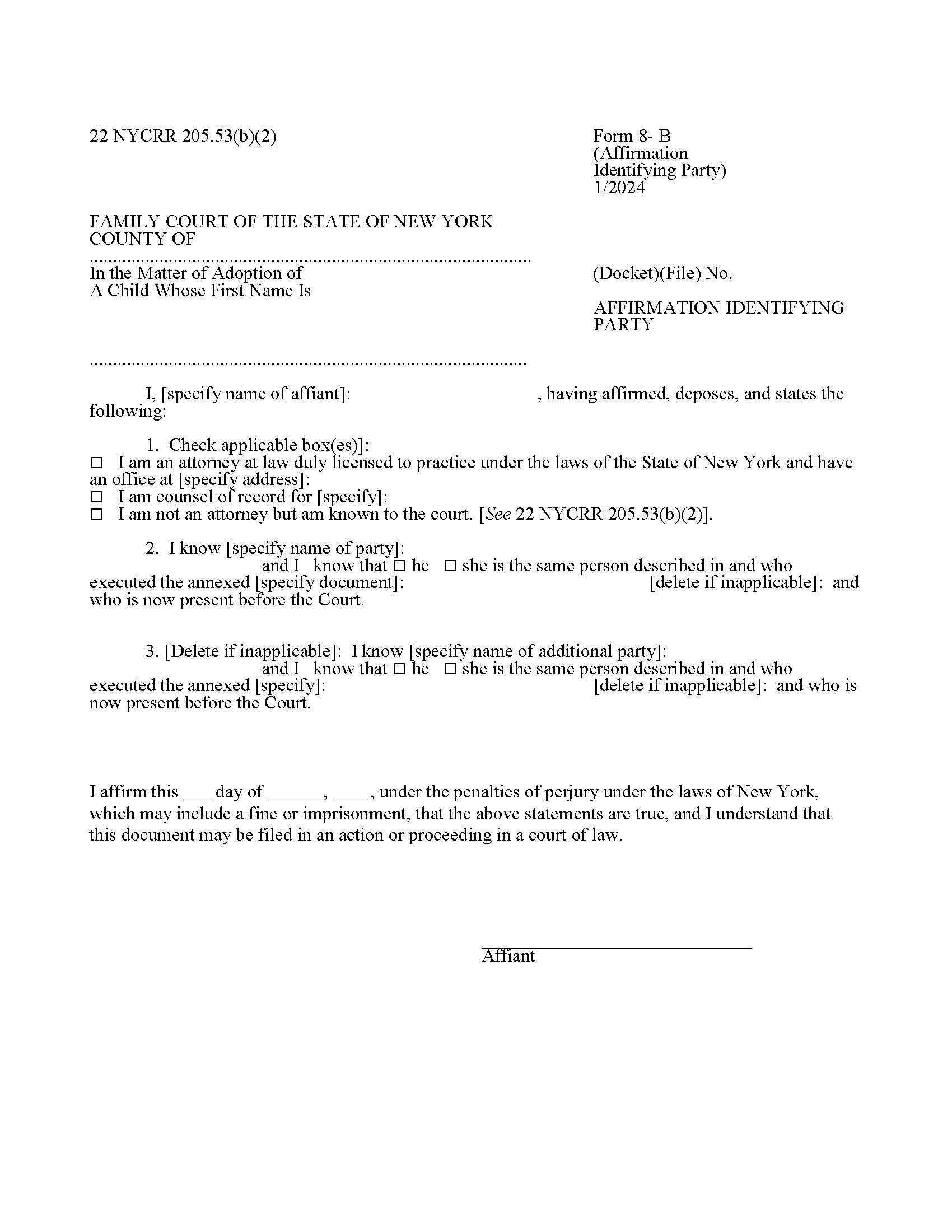 Affirmation Identifying Party {8-B} | Pdf Fpdf Doc Docx | New York