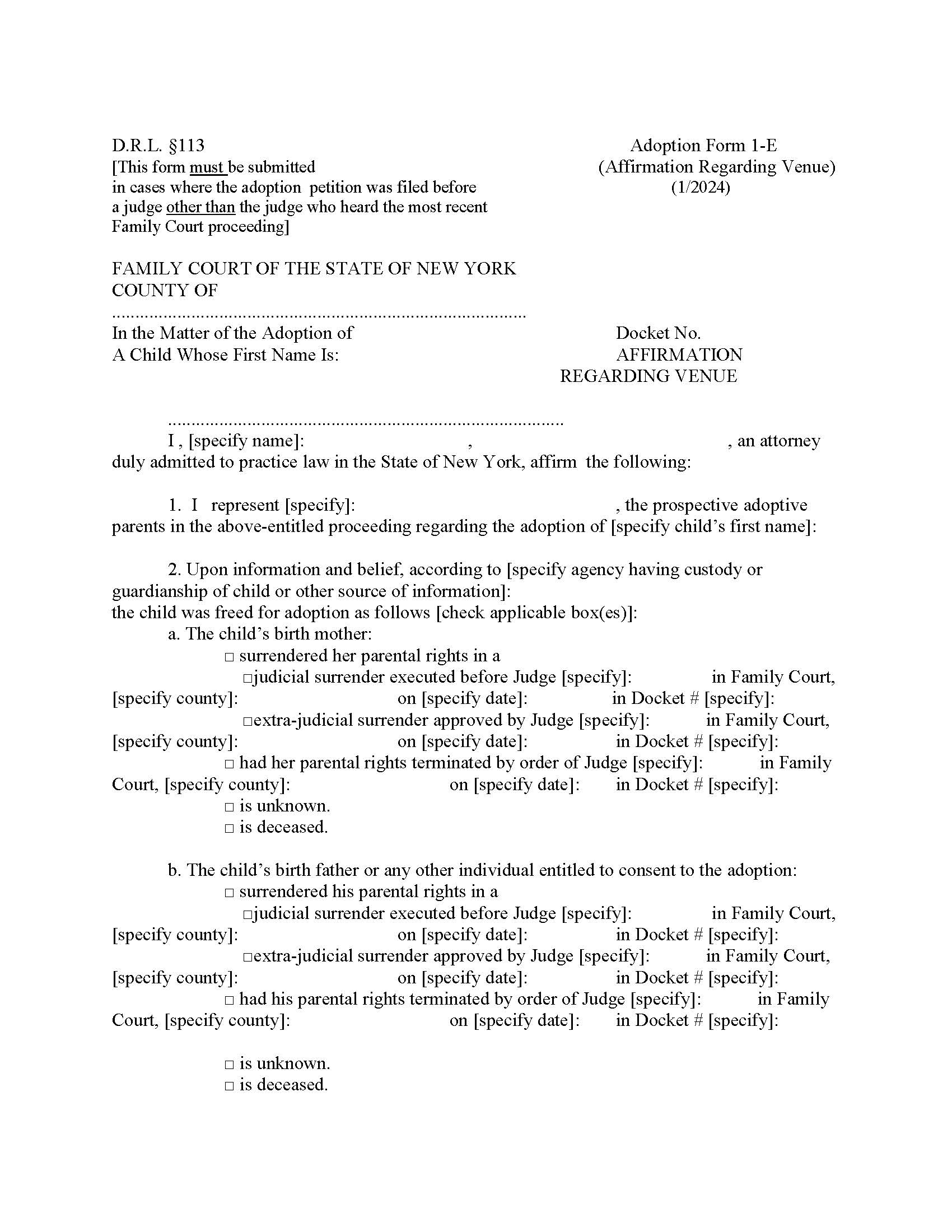 Affirmation Regarding Venue {1-E} | Pdf Fpdf Doc Docx | New York