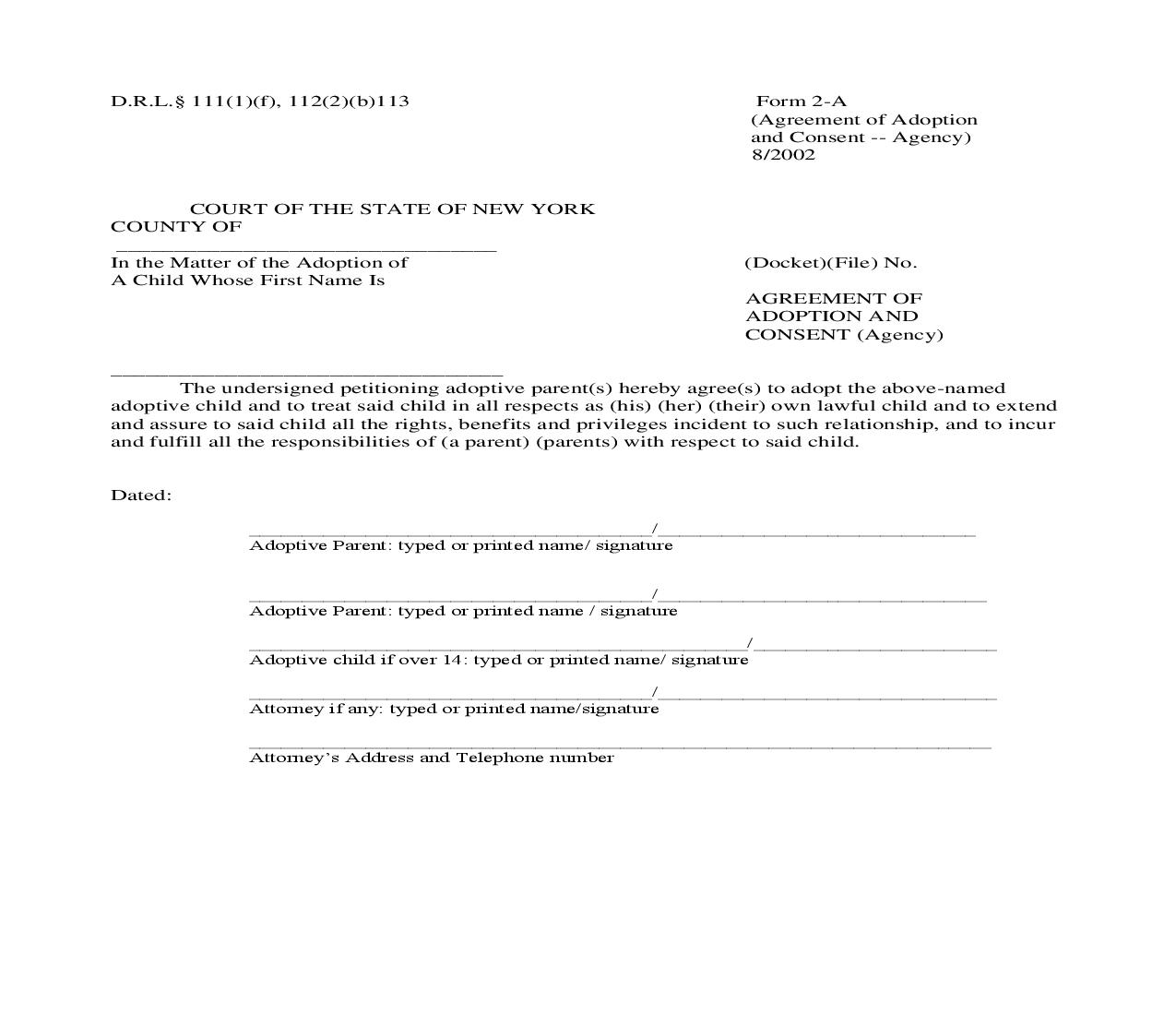 Agreement Of Adoption And Consent (Agency) {2-A} | Pdf Fpdf Doc Docx | New York