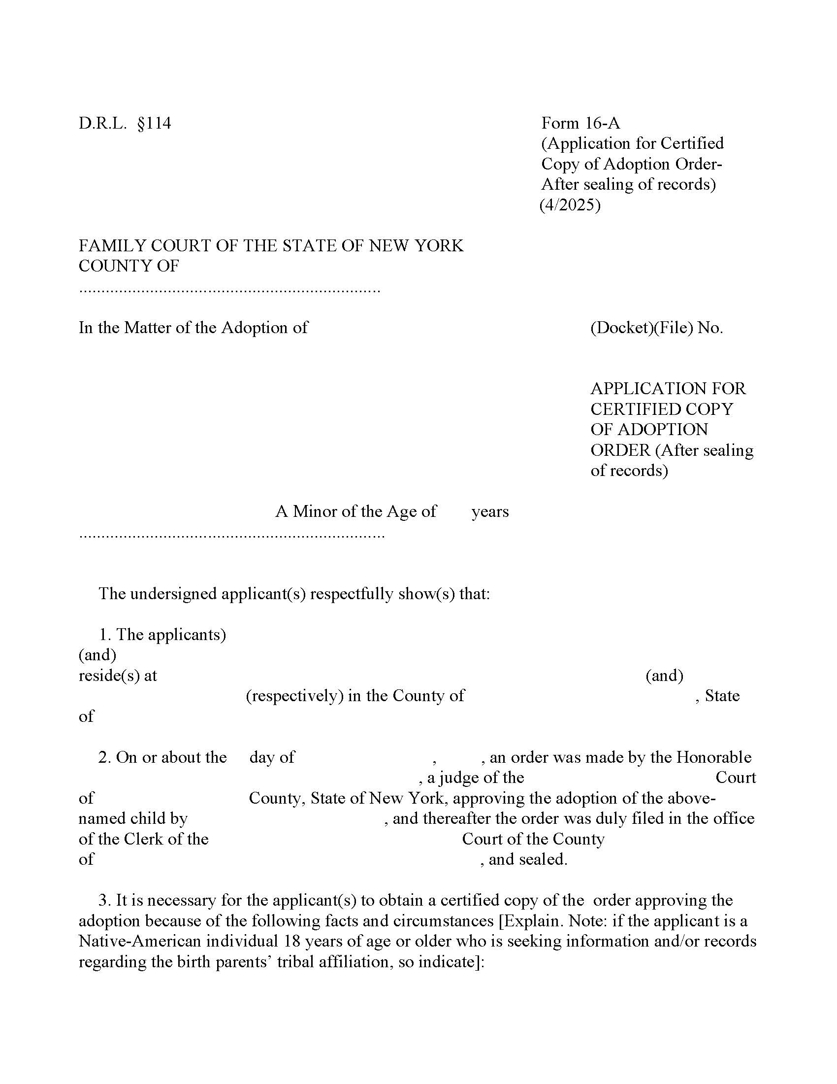 Application For Certified Copy Of Adoption Order (After Sealing Of Records) {16-A} | Pdf Fpdf Doc Docx | New York