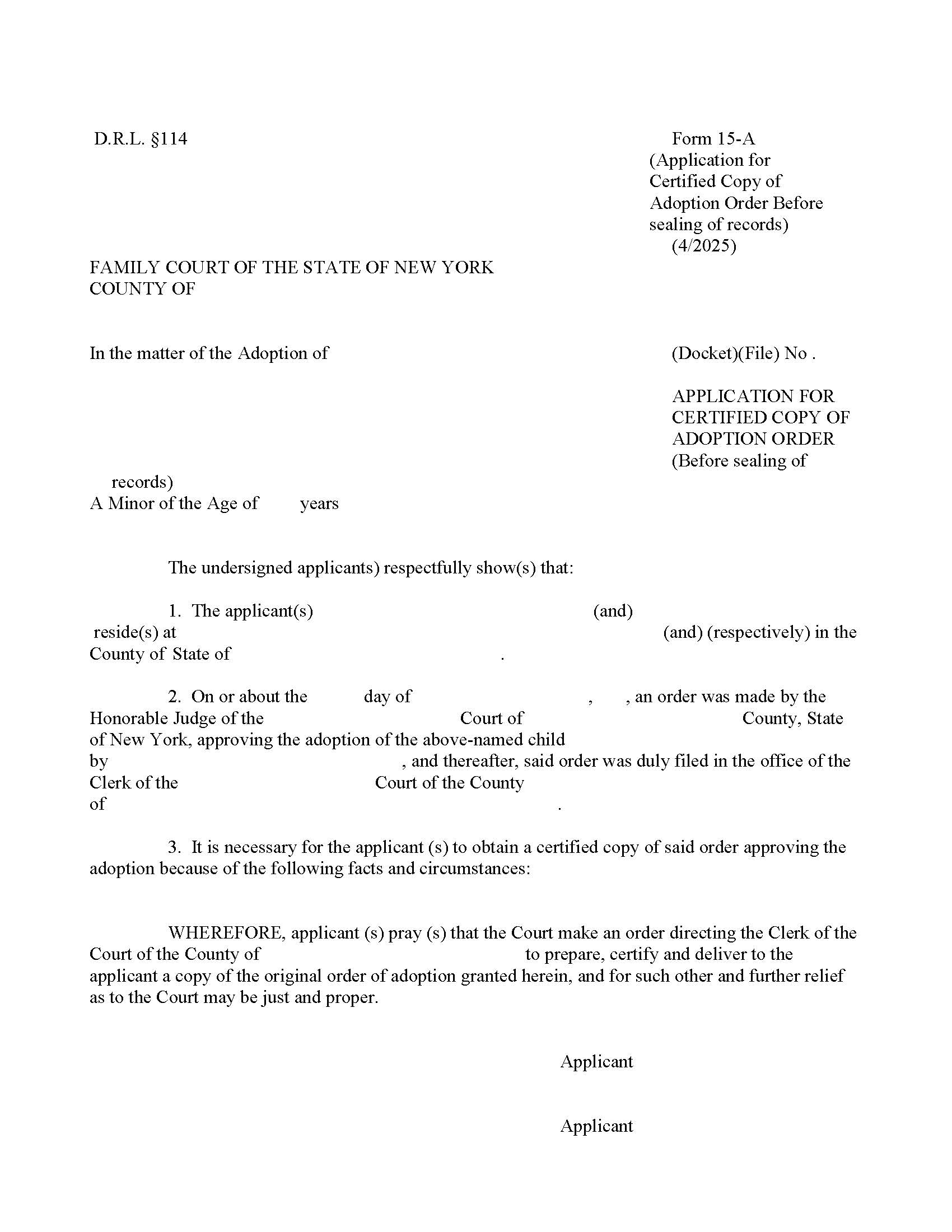 Application For Certified Copy Of Adoption Order (Before Sealing Of Records) {15-A} | Pdf Fpdf Doc Docx | New York