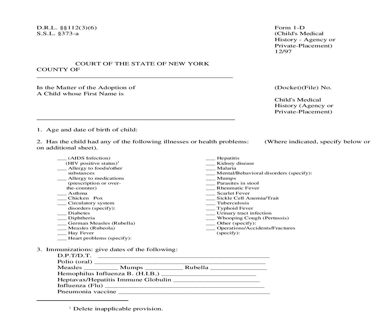 Childs Medical History (Agency Or Private Placement) {1-D} | Pdf Fpdf Doc Docx | New York