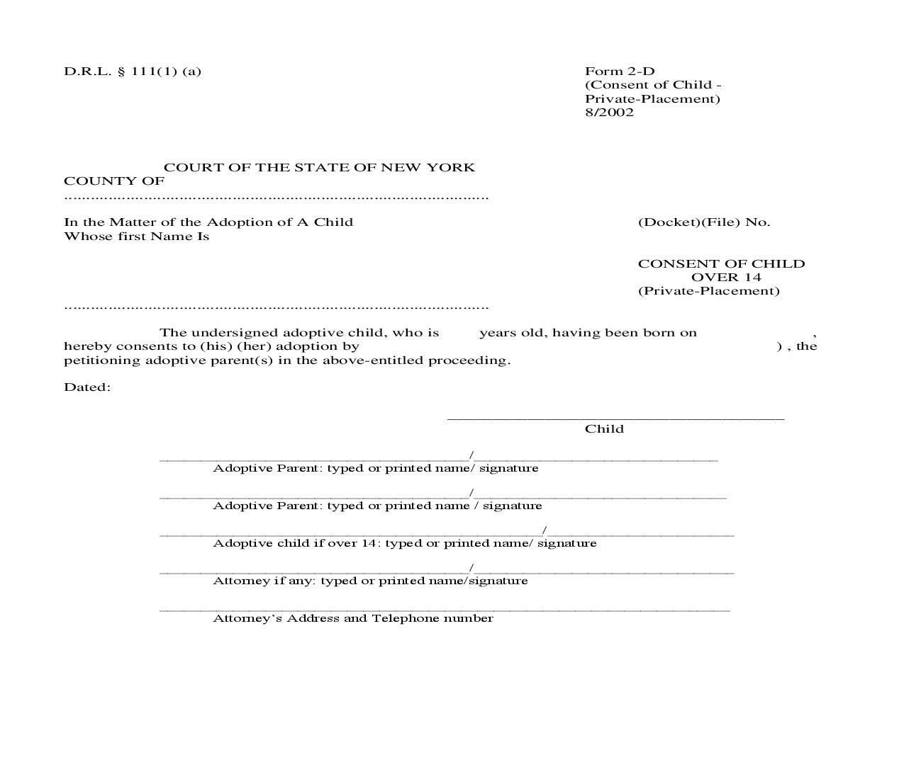 Consent Of Child Over 14 (Private Placement) {2-D} | Pdf Fpdf Doc Docx | New York
