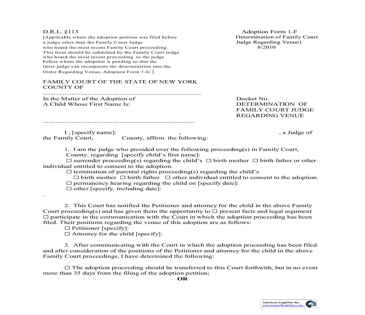 Determination Of Family Court Judge Regarding Venue {1-F} | Pdf Fpdf Doc Docx | New York