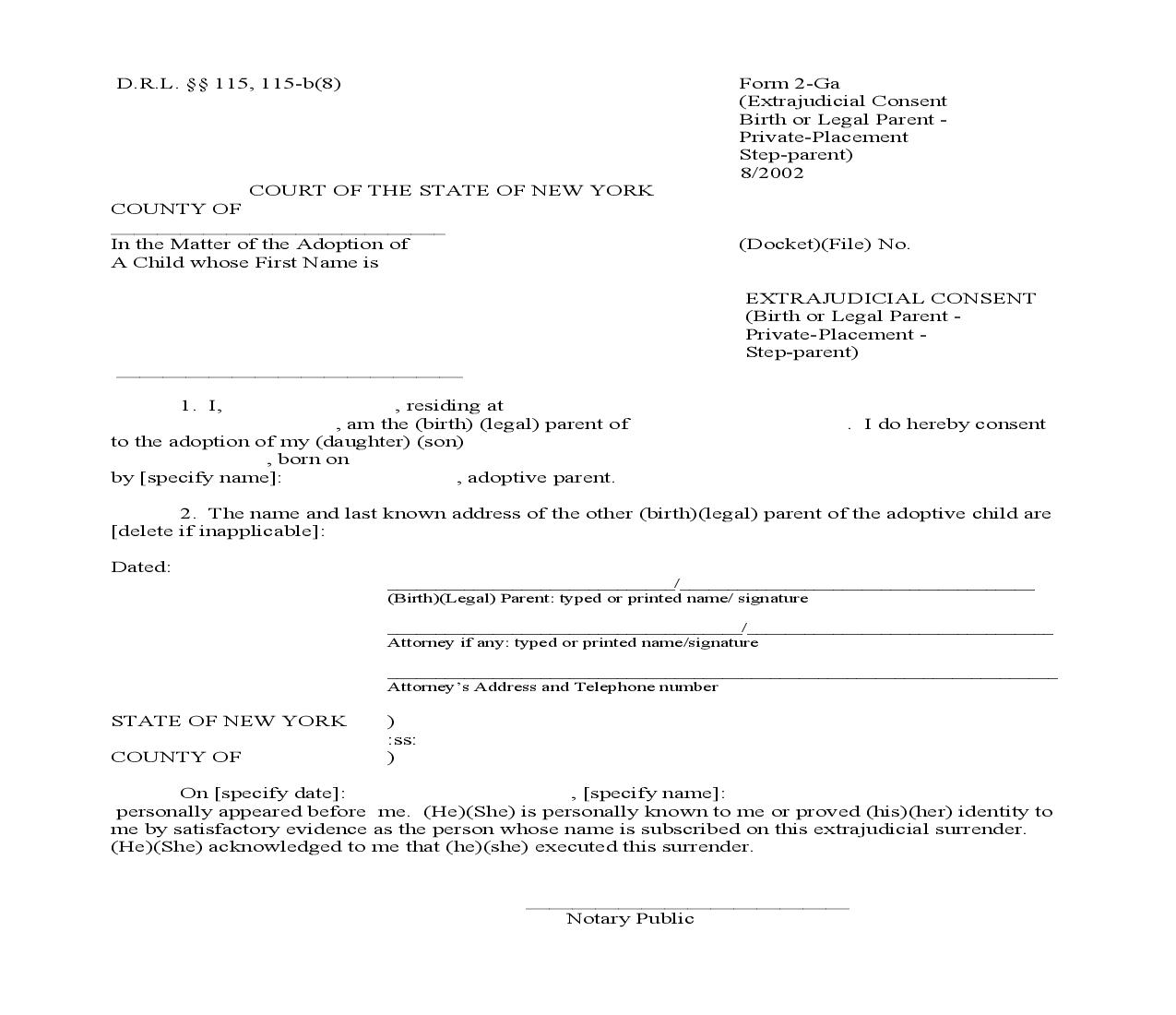 Extra Judicial Consent (Birth Or Legal Parent Private Placement Step Parent) {2-Ga} | Pdf Fpdf Doc Docx | New York