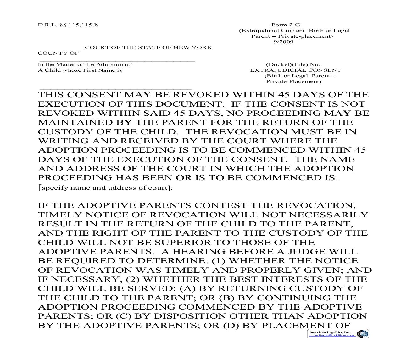 Extrajudicial Consent (Birth Or Legal Parent - Private Placement) {2-G} | Pdf Fpdf Doc Docx | New York