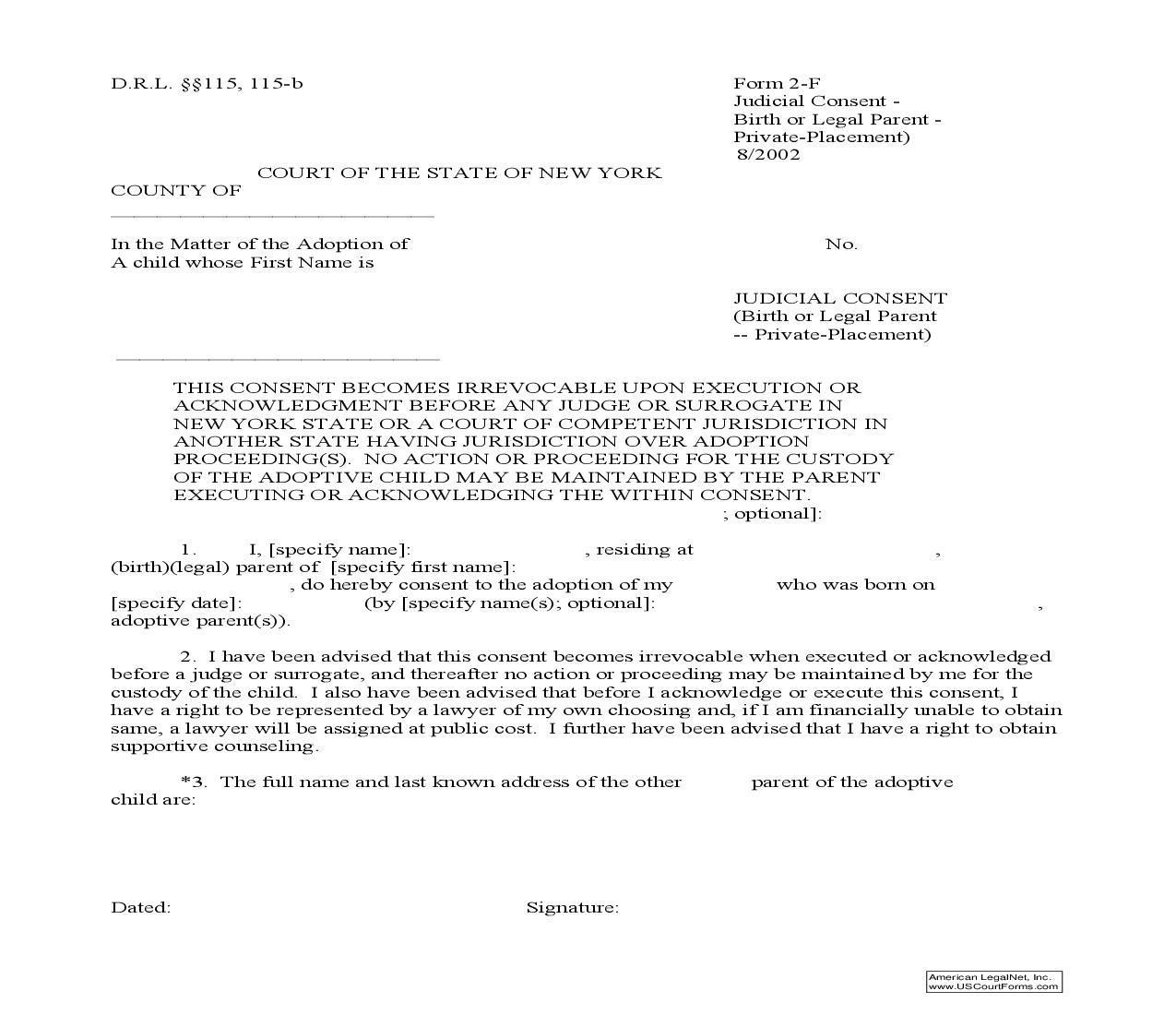 Judicial Consent (Birth Or Legal Parent Private Placement) {2-F} | Pdf Fpdf Doc Docx | New York