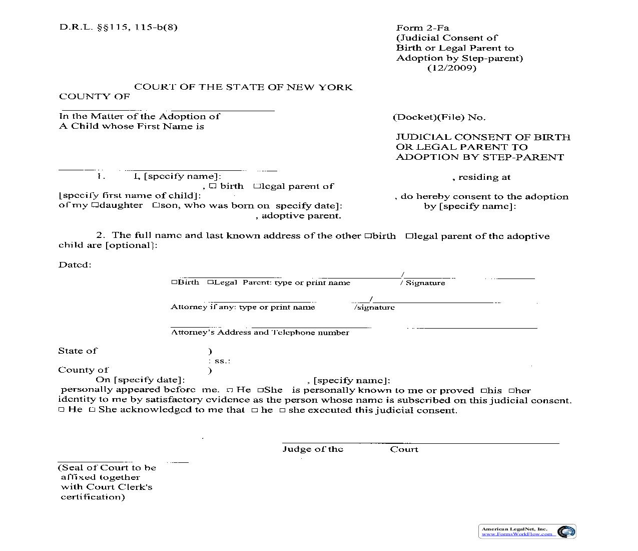 Judicial Consent Of Birth Of Legal Parent To Adoption By Step-Parent) {2-Fa} | Pdf Fpdf Doc Docx | New York