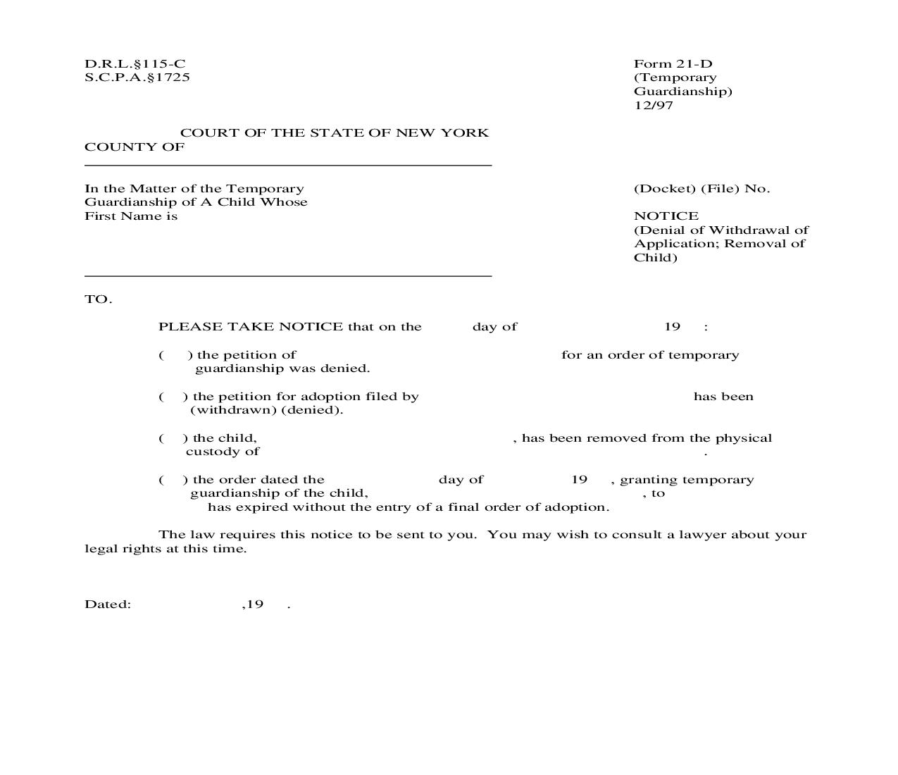 Notice (Denial Of Withdrawal Of Application Removal Of Child) {21-D} | Pdf Fpdf Doc Docx | New York